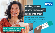 image of lady holding a cup of tea and text saying finding bowel cancer early makes it easier to treat